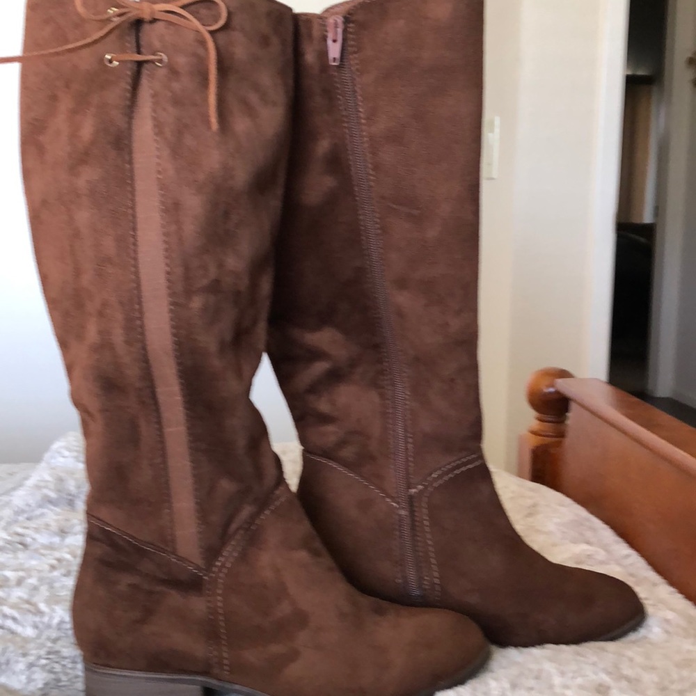 Brown faux suede knee high boots